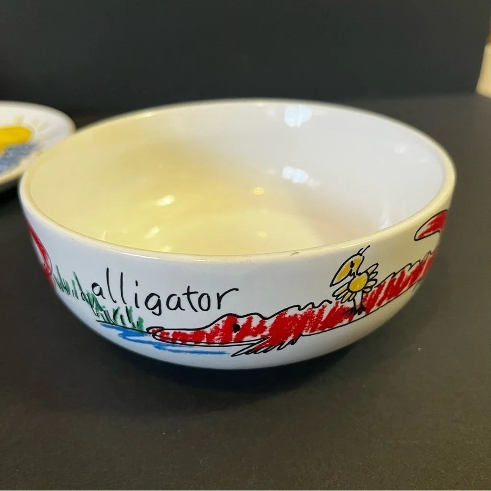 Pier 1 Childrens Dish Set: Jungle Animals Cup Bowl Plate Colorful Monkey Giraffe